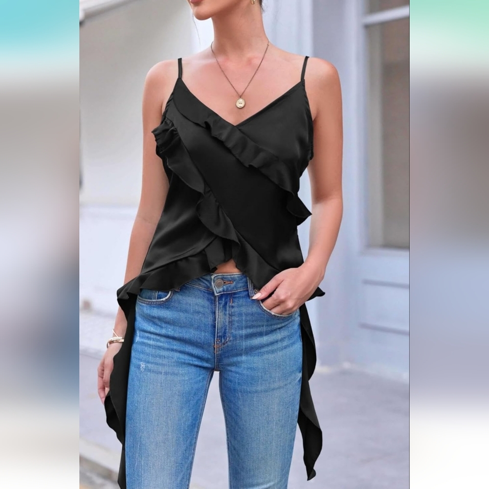 NWOT Womens Silk Spaghetti Strap Tank Tops Ruffle Going Out V-Neck Camisole, S